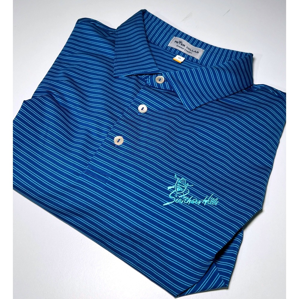 Peter Millar Summer Comfort Polo Shirt XL Blue Striped Southern Hills Golf Mens